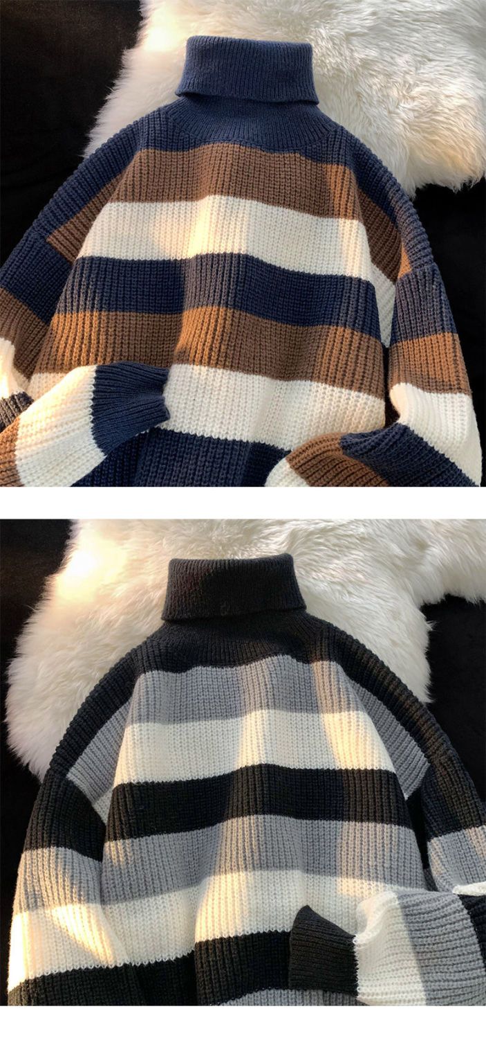 High-necked Contrasting Striped Sweater Men's Ins Trendy Retro Japanese Loose Autumn And Winter Knitted Sweater Teen Hong Kong Style Jacket_voghion.com