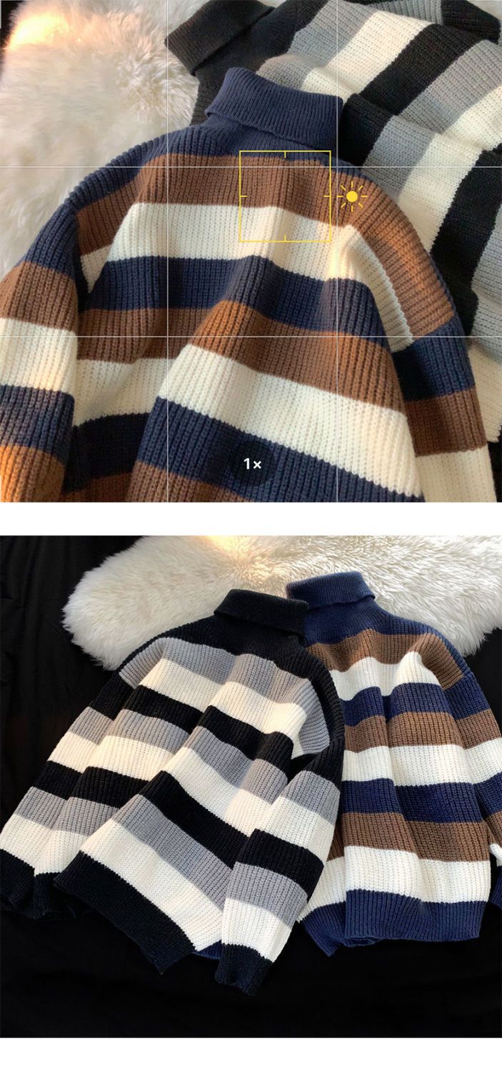 High-necked Contrasting Striped Sweater Men's Ins Trendy Retro Japanese Loose Autumn And Winter Knitted Sweater Teen Hong Kong Style Jacket_voghion.com