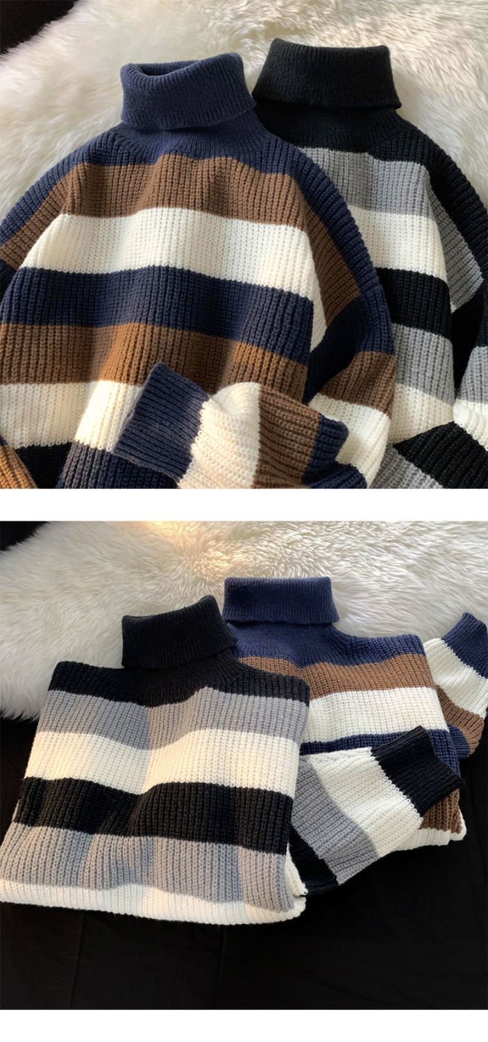 High-necked Contrasting Striped Sweater Men's Ins Trendy Retro Japanese Loose Autumn And Winter Knitted Sweater Teen Hong Kong Style Jacket_voghion.com